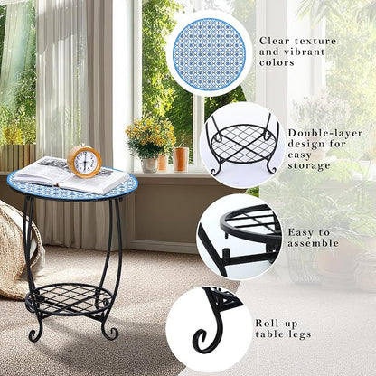 Cinnvoice Outdoor Side Table Round Small Mosaic Patio Accent Indoor End Plant Coffee Tea Table for Yard Patio Porch Garden Living Room, Bedroom(Blue Tile Style,14 Inch)