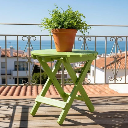 Shine Company Round Wooden Folding Solid Wood Side Table, Outdoor Adirondack Small Patio Table, Lime Green