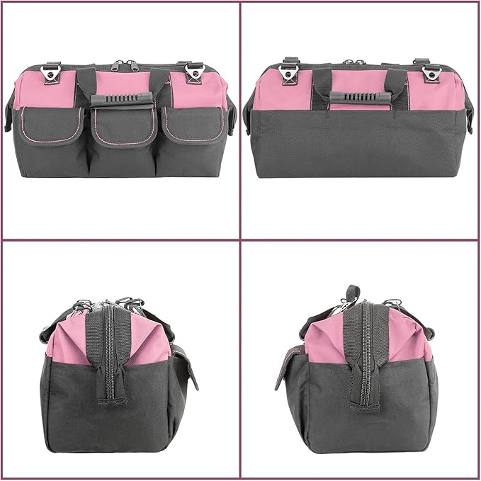 Women Heavy Duty Tool Bag Storage Organizer for Tools,16 x 7.5 x 10.5 inches,50 Pound Capacity, 600D Polyester Fabric (Pink)