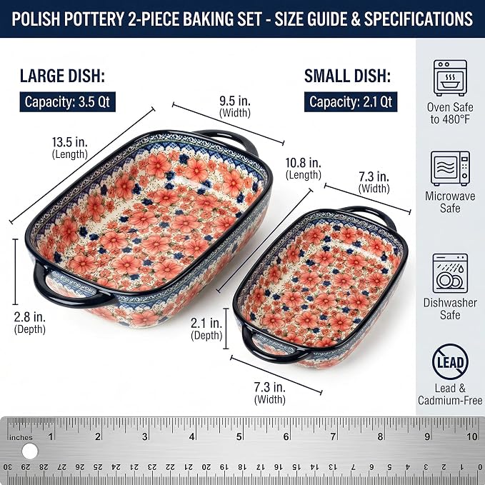 Ceramic Baking Dish with Handles, Hand-painted Polish Pottery Baking Dish Set of 2,Baking Pan Lasagna Pan, Rectangular, Floral Pattern, Oven Safe, 13.22x7.5x2.8 Inch (red)