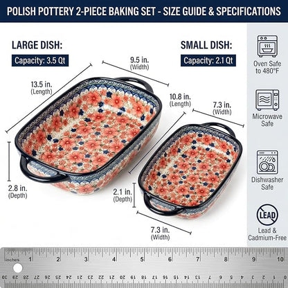 Ceramic Baking Dish with Handles, Hand-painted Polish Pottery Baking Dish Set of 2,Baking Pan Lasagna Pan, Rectangular, Floral Pattern, Oven Safe, 13.22x7.5x2.8 Inch (red)