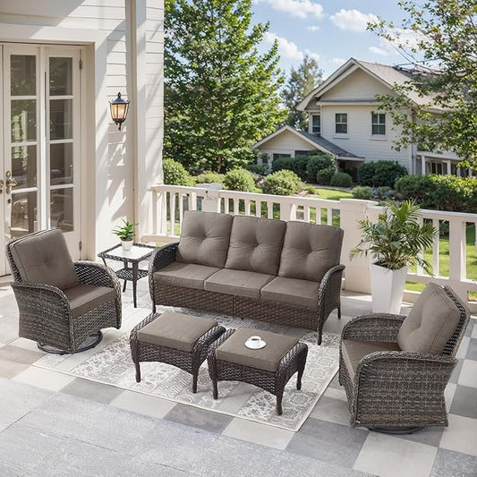 6 Pieces Outdoor Furniture-Patio Swivel Rocker Chairs Set of 2 3-Seater Wicker Couch with Outdoor Ottoman Outdoor Patio Furniture Set for Deck Porch Garden Balcony Poolside-Brown/Grey