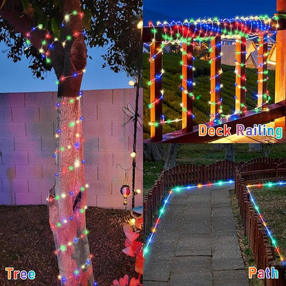 YEGUO Solar Christmas Lights Outdoor Waterproof, 2 Packs Each 33ft 100 LED Rope Lights, 8 Modes Fairy String Lights in Clear Thin Tube for Camping Fence Patio Garden Trampoline Deck(Multicolor)