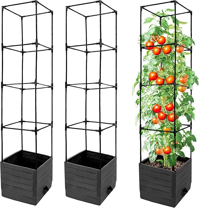 Tomato Planter with Trellis, 57 Inch Self-Watering Planter Box 2-Pack, Grey Planter with Metal Support for Outdoor Indoor Climbing Plants