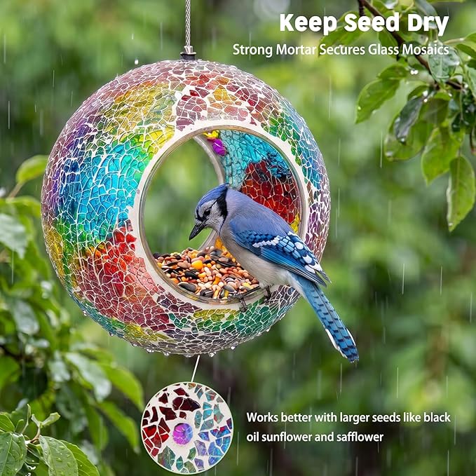 VCUTEKA Bird Feeder Mosaic Fly Through Bird Feeders for Outside Hanging with Round Shape Glass Container to Attract More Wild Birds for Garden, Yard, Backyard, Deck and Porch Decor, Purple 7-Inch