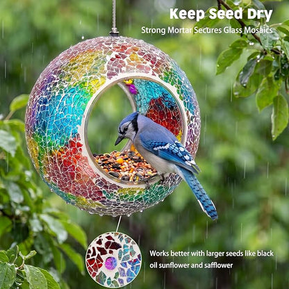 VCUTEKA Bird Feeder Mosaic Fly Through Bird Feeders for Outside Hanging with Round Shape Glass Container to Attract More Wild Birds for Garden, Yard, Backyard, Deck and Porch Decor, Purple 7-Inch