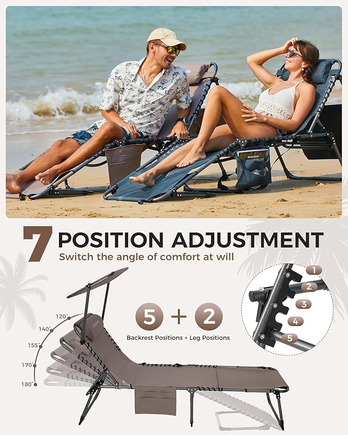 KingCamp 2 Pack Tanning Chair with Face Hole, Lounge Chairs Outdoor Folding Portable Comfy Adjustable 5-Position Foldable Chaise Chaser with Canopy Shade for Outside Beach Patio Sun Bathing, Beige