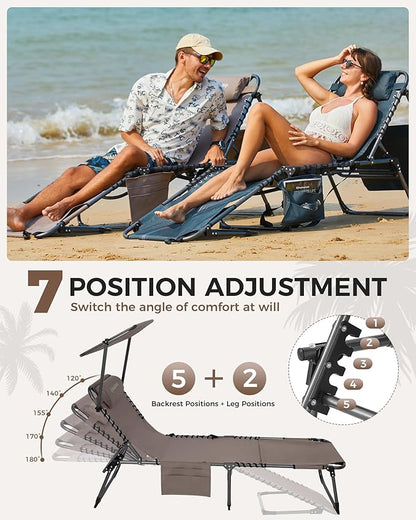 KingCamp 2 Pack Tanning Chair with Face Hole, Lounge Chairs Outdoor Folding Portable Comfy Adjustable 5-Position Foldable Chaise Chaser with Canopy Shade for Outside Beach Patio Sun Bathing, Beige