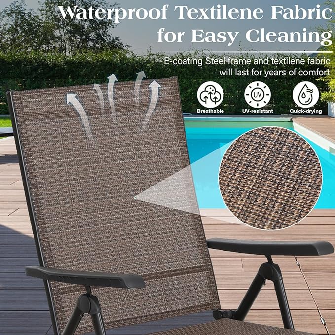 MFSTUDIO 2 Piece Outdoor Folding Patio Chaise Lounge Chairs, Set of 2 Outdoor Textiline Recliner Chairs Patio Lounge with 7 Position Adjustable for Beach, Backyard, Poolside, Lawn(Brown)