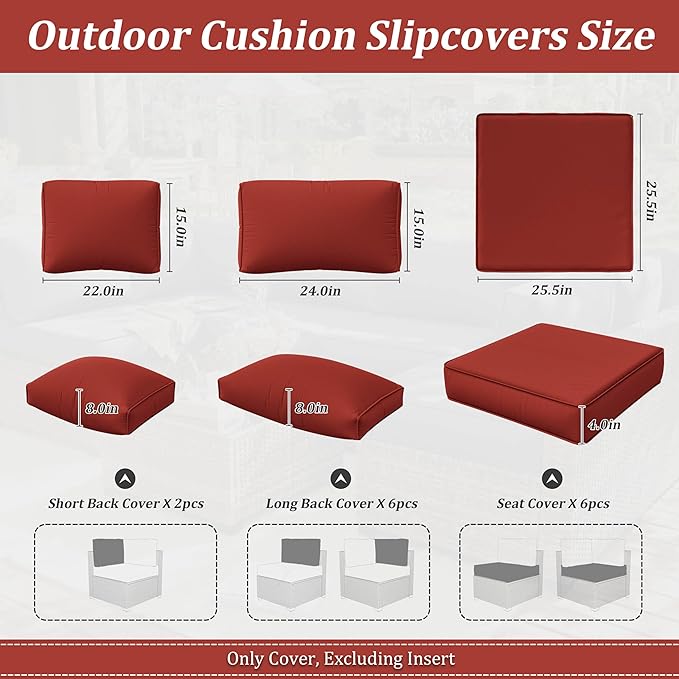 14 Pcs Outdoor Cushion Slipcovers Outdoor Patio Cushion Covers Replacement Waterproof with Zipper for Outdoor Furniture, Patio Sofa Couch 3 Sizes, Covers Only