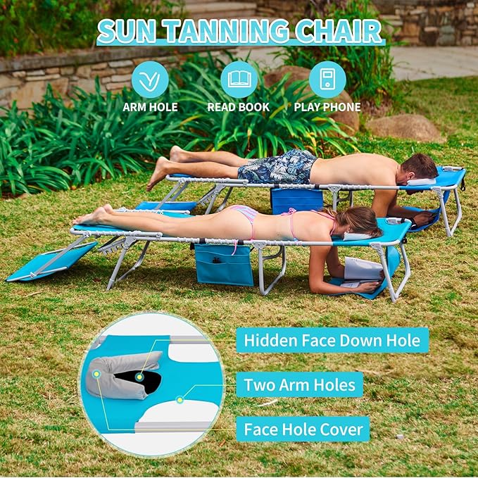 #WEJOY 3 in 1 Tanning Chair with Face Hole & Canopy, 300 lbs Heavy Duty 5 Positions Folding Face Down Lounge Chairs Outdoor with Pillow & Storage Bag Portable for Pool Beach Lawn Camping (Cyan)