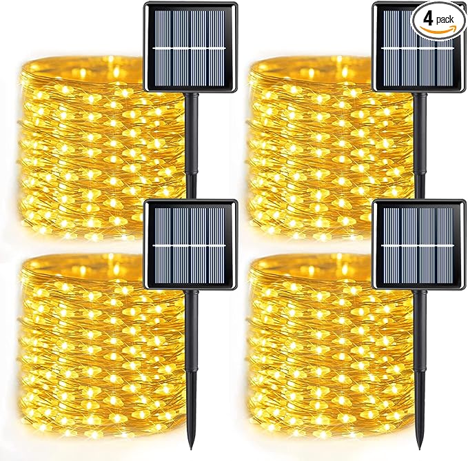 YEGUO 4 Pack Warm White Solar Fairy Lights, Each 33ft 100 LED Christmas Lights Outdoor Waterproof, 8 Modes Sliver Wire Solar String Lights