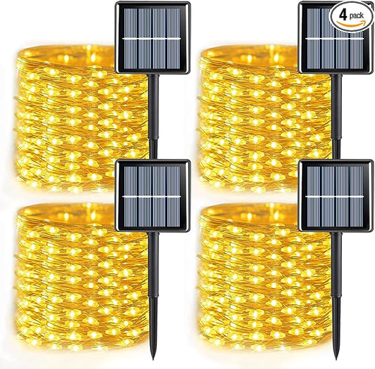 YEGUO 4 Pack Warm White Solar Fairy Lights, Each 33ft 100 LED Christmas Lights Outdoor Waterproof, 8 Modes Sliver Wire Solar String Lights