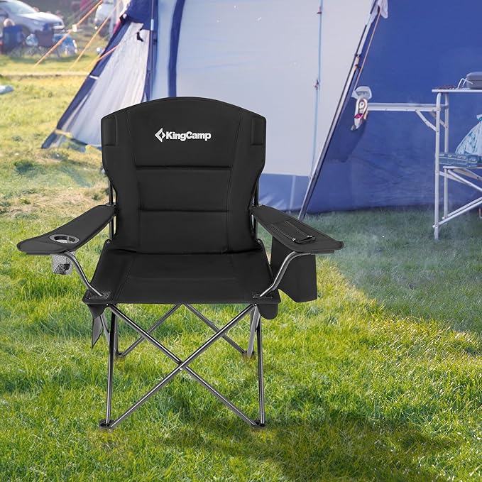 KingCamp Padded Folding Lounge Chairs with Built in Cupholder, Insulated Cooler Sleeve, and Side Storage Pocket for Indoor and Outdoors, 2 Pack, Black