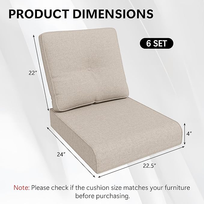 Outdoor Chair Cushions Set for Patio Furniture, 22x25/22x24 Inch, Waterproof & Fade Resistant Patio Chair Cushions, Thick Patio Furniture Cushion for Chair, Sofa, and Couch (Beige, 6 Set)