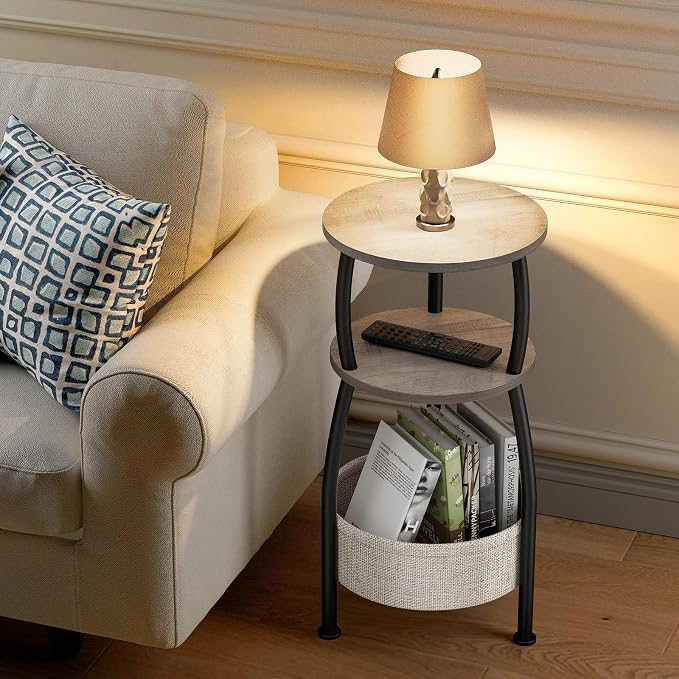 Round Side Table with Storage Basket –Small Space Saving End Table 3-Tier Coffee Table Bedside Corner Stand for Living Room, Bedroom, Garden and More 24in Tall Greige