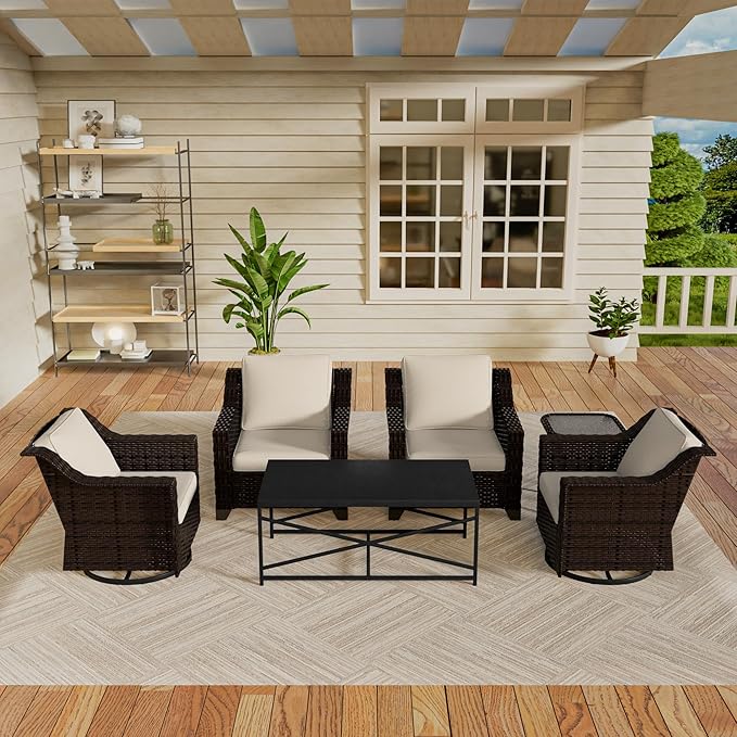 Vista Vibe 6 Pieces Outdoor Rattan Patio Conversation Furniture Set - 360 Degree Swivel Glider Rocker Chairs | Coffee Table | 2 Wicker Chairs, Washable Cushions, Terrace, Sunroom (Brown/Beige)
