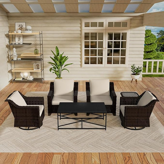 Vista Vibe 6 Pieces Outdoor Rattan Patio Conversation Furniture Set - 360 Degree Swivel Glider Rocker Chairs | Coffee Table | 2 Wicker Chairs, Washable Cushions, Terrace, Sunroom (Brown/Beige)