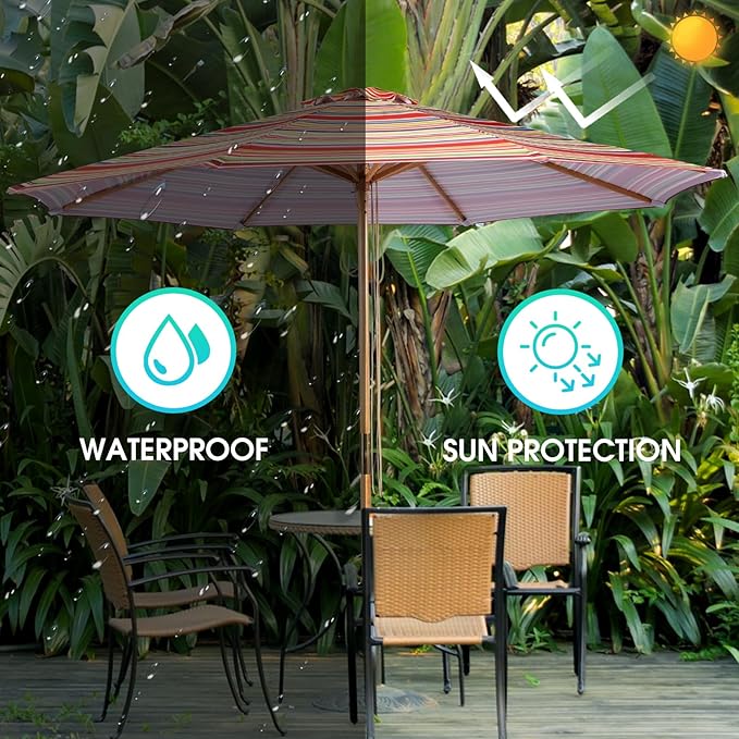 9FT Table Patio Outdoor Umbrella Market Round Umbrella with Pulley Lift Windproof & Waterproof, 8 Ribs with Polyester Cover for Garden, Deck, Pool, lawn, Backyard