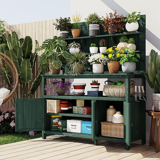 Christopher Knight Home Belfast 50.20" W Outdoor Potting Bench Table, Fir Wood Potting Table, Large Gardening Workstation with Storage Shelf, Ample Space Garden Tools Organizer for Backyard, Green