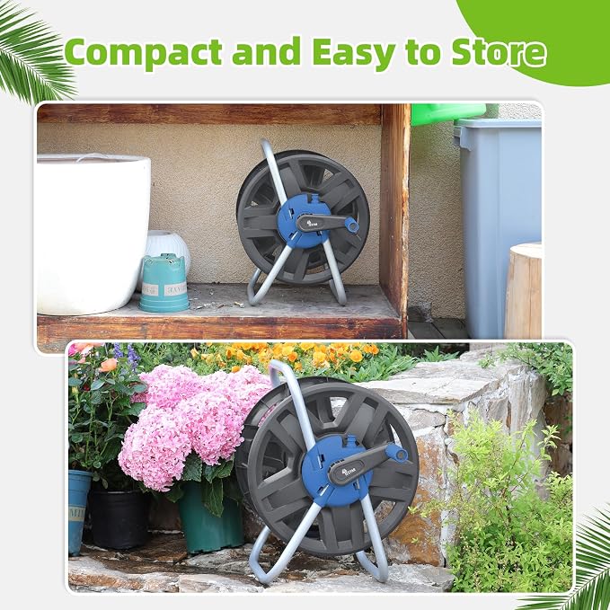 Water Hose Reel Cart, Holds 60-80 Ft of 5/8 Inch Hose, Blue Wall Mounted Garden Hose Cart, Portable Hose Reel for Convenient Storage and Watering