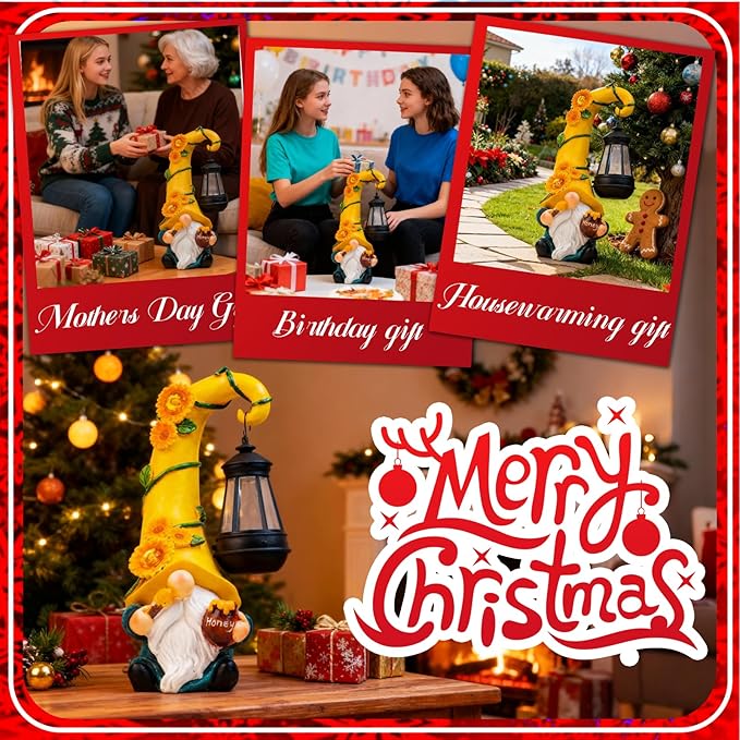 for Mom Grandma Woman 12" Solar Sunflower Gnome Garden Statues Honey Bee Jar Decor with LED Lantern Outdoor Birthday Gnomes Decorations Patio Yard Balcony Art