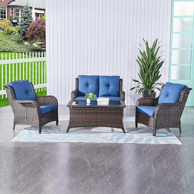 HUMMUH Patio Chairs Wicker Patio Dining Chairs Set of 2 PE Rattan Deep Seating Outdoor Chairs with 4 inch Seat Cushions…