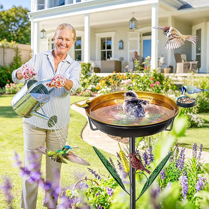 2-in-1 Bird Baths for Outside, 11.8” Diameter x 2” Deep Metal Removable Bird Feeder Water Bowl with Upgraded 5 Prongs Base, 33.5" Freestanding Garden Birdbaths for Outdoors Patio Yard Lawn Art Decor