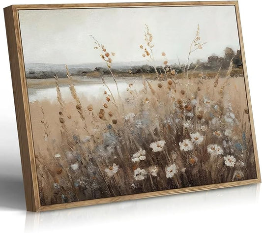 Vintage Canvas Wall Art Flowers Wall Decor Landscape Countryside Wildflowers Oil Painting Farmhouse Picture Modern Print Rustic Floral Prints Living Room Bedroom Bathroom 12x16 Inch Framed