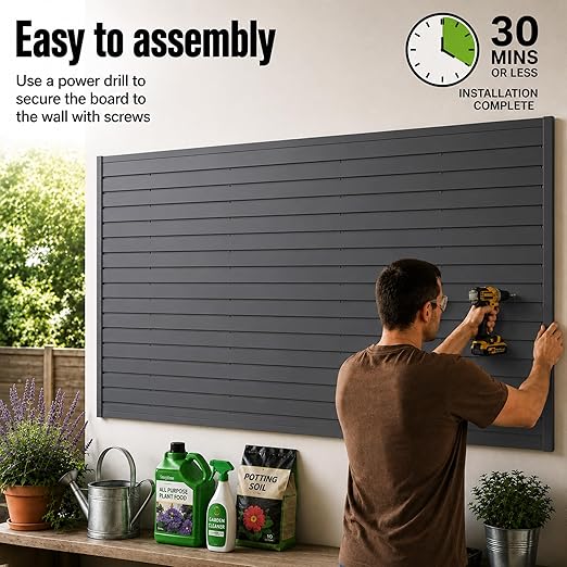 SMARTSTANDARD Slatwall Panel 4x8 FT, Garden Wall Organizer with 31 Garden Tool Hooks & Baskets,Heavy Duty PVC Slat Wall Panels for Gardening, Easy to Install & DIY Cutting (Black)