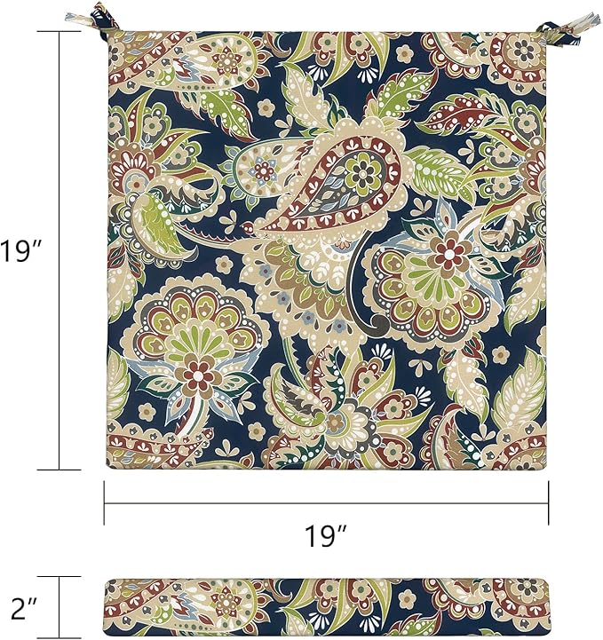 LVTXIII Outdoor Seat Cushions Seasonal Replacement Chair Cushions, Patio Chair Pads with Ties for Dining Chairs and Garden Furniture, Square Back, 19"x19"x2", 4 Pack, Paisley Sapphire Blue