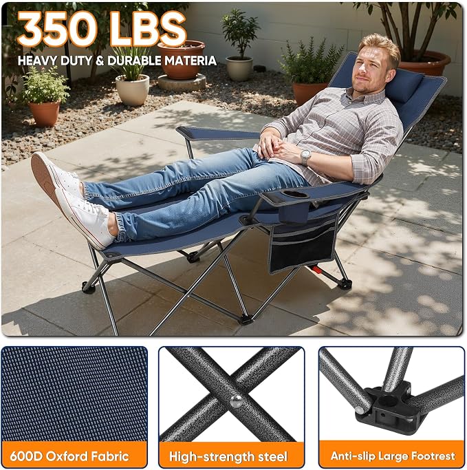 Colorsoul Reclining Camping Chair w/Foot Rest, Adjustable 90°- 135° Lounge Beach Chair for Adults, Heavy Duty Outdoor Folding Chairs w/Padded Pillow, Cup Holder, for Patio Beach, Supports 350lbs,Blue