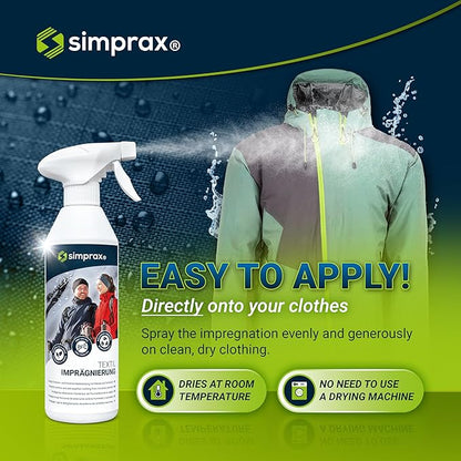 simprax® Textile Waterproof Spray Eco-Friendly & Skin-Safe | Water-Based Waterproofing for Gore-Tex, Sympatex & Softshell | Biodegradable Waterproofing Spray for Fabric Outdoor | Made in Germany