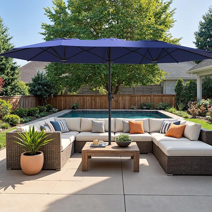 Outdoor Patio Umbrella, Table Umbrella with Push Button Tilt and Crank, 8 Ribs Market Umbrella