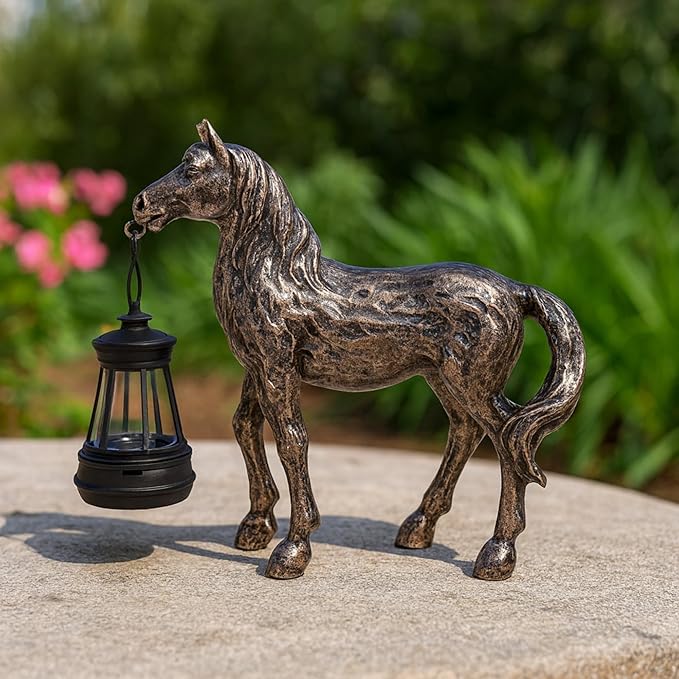 Horse Figurine with Solar Lantern Horse Lamp Decor Garden Statue Outside Outdoor Yard Housewarming Gifts for Mom Women Grandma