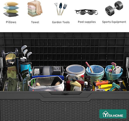 YITAHOME 80 Gallon Outdoor Storage Box, Large Water Resistant Resin Deck Box, Indoor Outdoor Lockable Rattan Storage Container for Patio, Garden, Cushions, Tools, Equipment (Dark Gray)