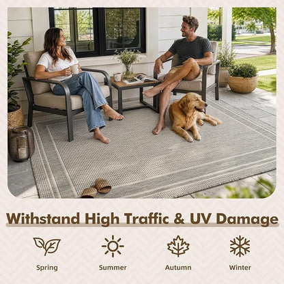 MontVoo-Outdoor Rug-Patio Rug 9x12 ft Polypropylene Indoor Outdoor Rugs Outdoor Carpet for Patio Deck Balcony Porch, Textured Weave, Durable for High Traffic, Fade-Resistant, Modern Silver Grey
