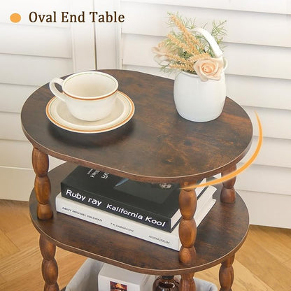 MaxSmeo Side Table with Charging Station, 3-Tier Small End Table with USB Ports and Outlets, Modern Oval Night Stand Accent Table for Living Room, Bedroom, Rustic Brown