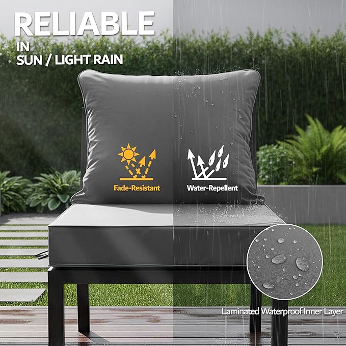 19x19 Inch Patio Chair Cushions Set of 2, Outdoor Furniture Cushions - Removable Cover, Water-Repellent, Fade-Resistant, Non-Slip Bottom & Straps, Replacement for Lawn, Porch & Deck Chair - Dark Grey