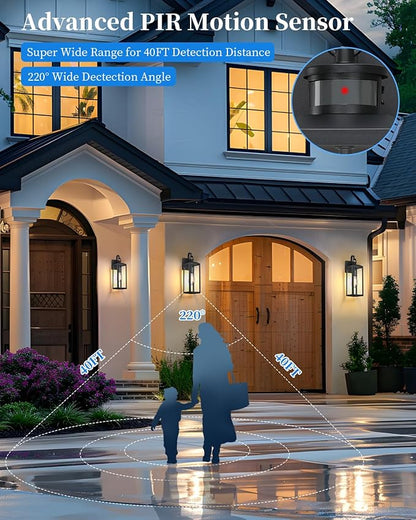 17'' Motion Sensor Outdoor Lights Wall Mount, Dusk to Dawn Exterior Light Fixture, Waterproof Anti-Rust Porch Light Outside Wall Lights for House, Black Wall Sconce Lanterns with Clear Glass, 2 Pack