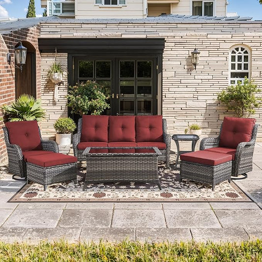 Wicker Patio Furniture-7 Pieces Rattan Patio Furniture Set Outdoor Patio Couch with Swivel Patio Chairs Ottomans and Coffee Table for Deck Poolside Backyard-Grey/Red