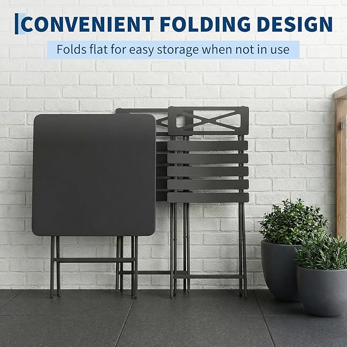 Outdoor Square Bistro Set 3 Piece, Black Iron Tube Patio Furniture Set with Square Table & 2 Chairs, Foldable Steel Backyard Deck Porch Garden , Space Saving Outdoor Dining Set for Small Spaces