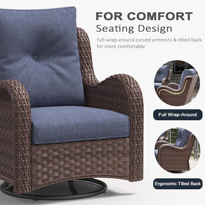 LayinSun 7 Pieces Outdoor Patio Furniture Set with Fire Pit Table, Rattan Wicker Swivel Rocker Chairs Sets with Swivel Glider Chairs and Coffee Table