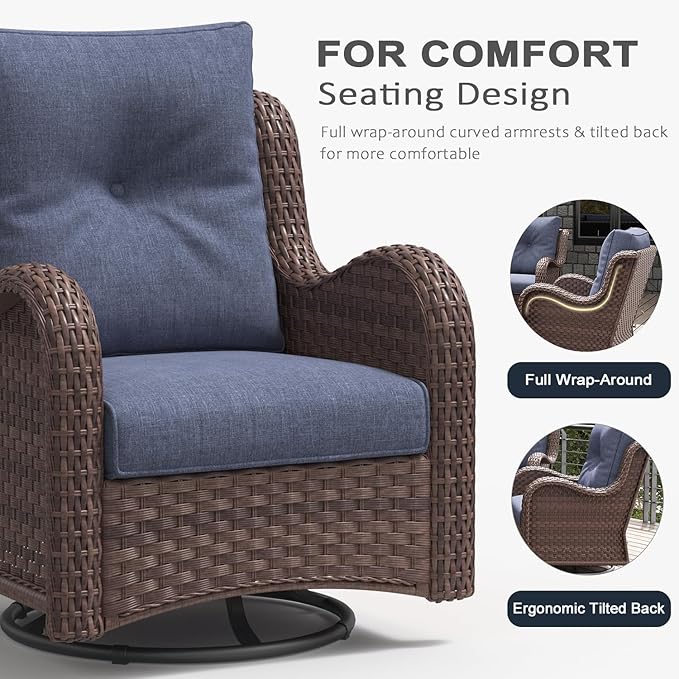 LayinSun 3 Pieces Outdoor Patio Furniture Set, Rattan Wicker Swivel Rocker Chairs Sets with Swivel Glider Chairs and Coffee Table