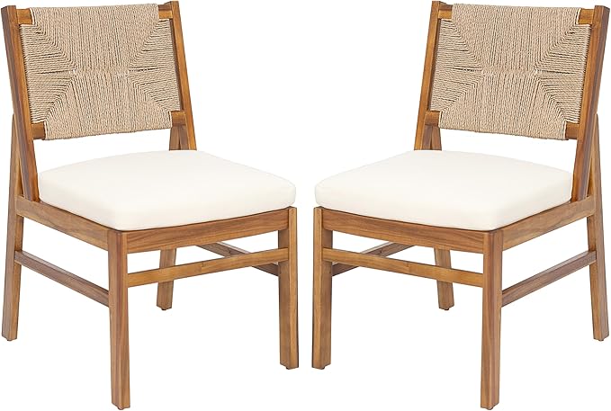 Christopher Knight Home Alan Outdoor Dining Chairs Set of 2, Wicker Woven Back Dining Chairs, Cushion Armless Chair, Hourglass Shaped Design Back, Acacia Wood Chair for Poolside Garden, Teak+Cream