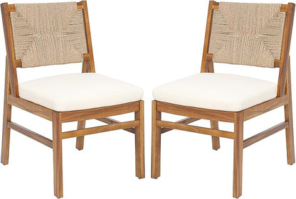 Christopher Knight Home Alan Outdoor Dining Chairs Set of 2, Wicker Woven Back Dining Chairs, Cushion Armless Chair, Hourglass Shaped Design Back, Acacia Wood Chair for Poolside Garden, Teak+Cream