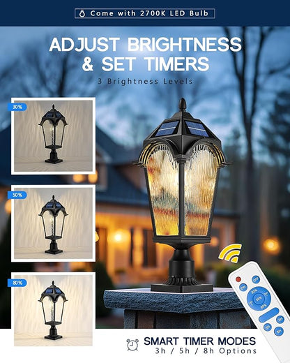 FEMILA Outdoor Post Lights Solar Powered, 22" Dusk to Dawn Aluminum Glass Solar Post Light Fixtures for Yard Pathway Entrance, 4FYX90PM-SL BK