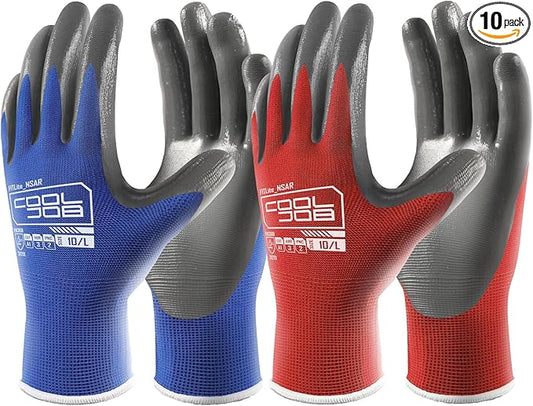 COOLJOB 10 Pairs Nitrile Dipped Safety Work Gloves with Grip, Non-slip Rubber Coated Bulk Garden Gloves for Men, Heavy-duty Oil Resistant for Truck Driver, Warehouse Box Handler, Small, Red Blue