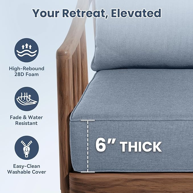Outdoor Chair Cushions, 6 Inch Thick Patio Seat & Back Cushions Set with Removable Cover, Waterproof Patio Cushions for Outdoor Furniture, 22 x 24 Inch, Baby Blue 1-Set