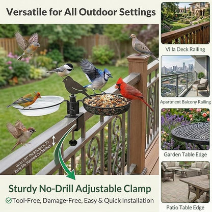 Deck Bird Feeder & Bird Bath for Railing – No-Drill Clamp Fits Balcony, Deck & Fence up to 1.97"/5cm – Rust-Resistant Metal Mesh Tray + Windproof Water Bowl Combo, Wild Bird Feeding Station with Brush